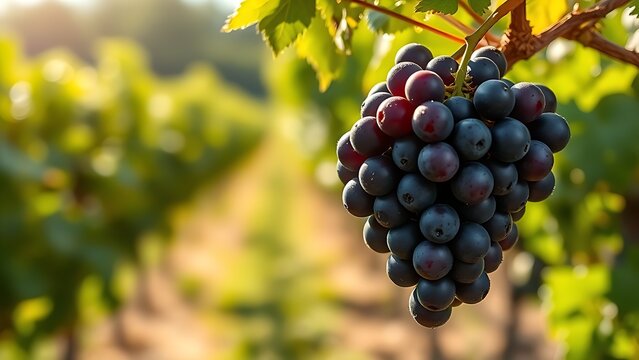 generality. A single cluster of Cabernet Sauvignon grapes glistening with dew in a vineyard under soft sunlight. gardening catalogs, home-decor guides, designed for home decor and floral branding.