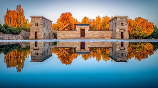 Ancient Temple of Debod in Madrid with reflecting pool, historical stone architecture, symmetrical reflection, autumn foliage, blue sky, pylon gates and tranquil landmark scenery in Spain