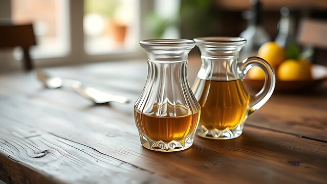 cruet. A classic glass cruet set with olive oil and vinegar on a rustic wooden table. menu design, packaging mockups, designed for culinary blogs and recipe cards for restaurants.