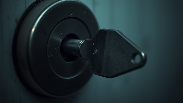 misaligned. A metal key slightly misaligned with a door lock's keyhole in dim light. product launch decks, UI/UX mockups, designed for data visualization dashboards and holographic UIs.