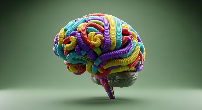 A conceptual human brain model made of colorful coiled plastic tubes, representing creativity, complex thinking, and neural networks