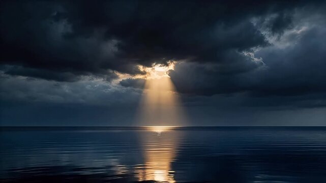 Sunlight breaking through storm clouds over water