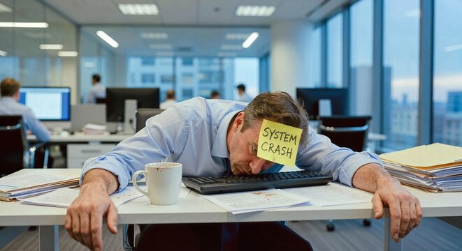 Exhausted businessman sleeping on a computer keyboard in a modern corporate office with a sticky note reading system crash on his forehead illustrating extreme burnout and overwork