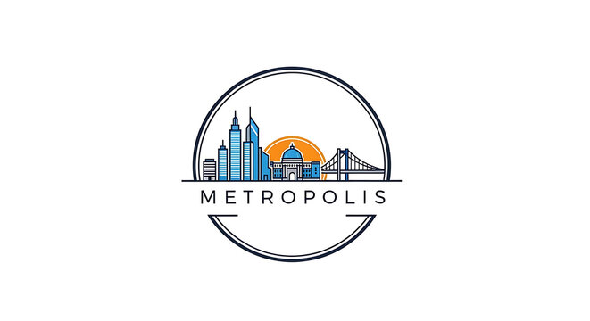 Sleek modern metropolis city skyline logo featuring towering skyscrapers and a majestic bridge, encapsulated within a sophisticated circular emblem representing urban growth
