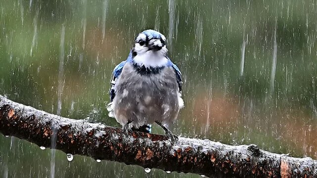 A blue jay perches on a branch in the rain, surrounded by lush greenery and wet conditions.