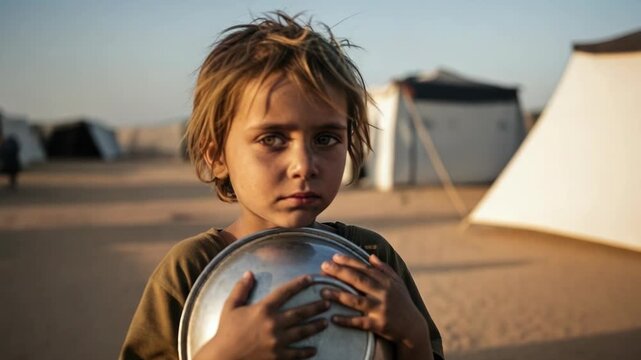 Boy Looking Into Metal Bowl in Refugee Settlement