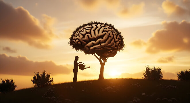 Silhouette of a person watering a brainshaped tree at sunset