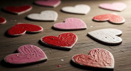 Naklejka premium Colorful heart shaped cookies on table.