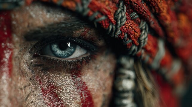 Warrior with intense gaze in colorful headwear and painted face