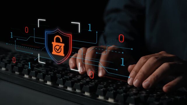 Hands Typing on Keyboard with Digital Security Shield, Binary Code, and Cyber Protection Concept for Technology and Data Safety Representation Gluon.