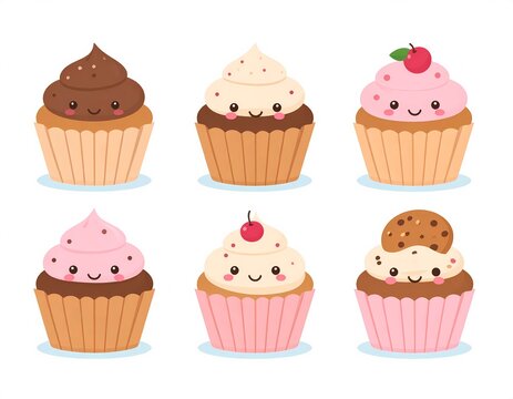 Cute kawaii cupcake icons set with chocolate, strawberry, and vanilla frosting, cartoon dessert illustrations, vector baking collection