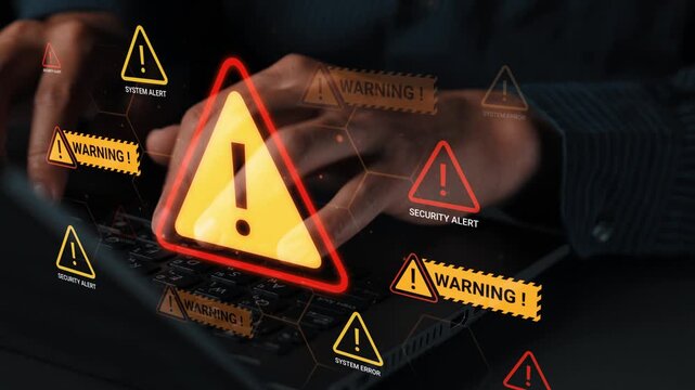 Warning Signs and Alerts Displayed on Digital Screen with Hands on Keyboard Indicating Security Concerns and System Malfunctions in Modern Technology Gluon.
