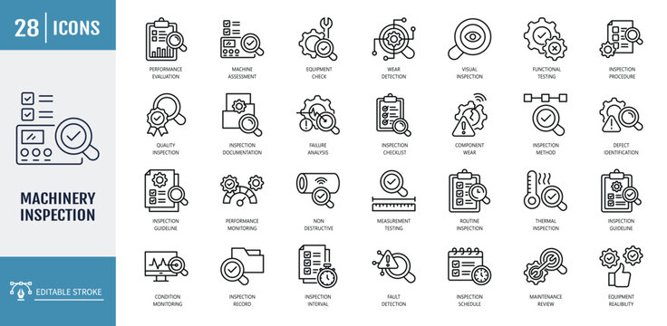 Machinery inspection icon set. Including alignment check, non-destructive, structural integrity, wear detection, routine, load testing. Outline icon set. Vector illustration with editable stroke