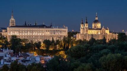 Fototapeta premium Madrid cityscape at twilight featuring Royal Palace and Almudena Cathedral, illuminated neoclassical architecture, domes, skyline, trees and historic urban landscape in Spain