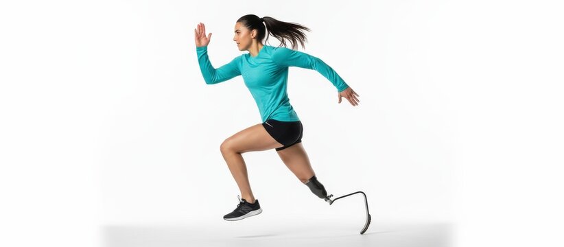 Amputee athlete woman running with blade prosthetic diversity people concept, diversity community
