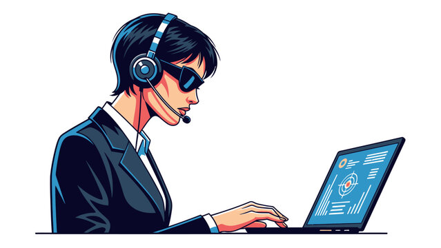 Female agent in sunglasses and headset working on laptop.