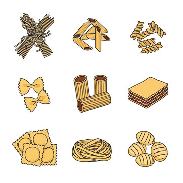 A vibrant collection of nine distinct pasta shapes, artfully arranged in a 3x3 grid, showcasing a variety of textures and forms.