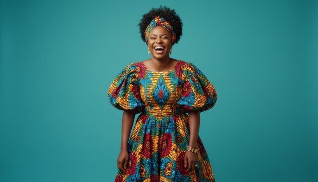 Happy african american woman wearing traditional colorful print dress diversity people concept