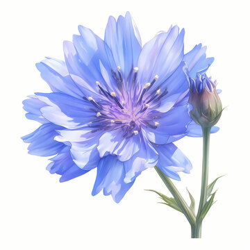 Detailed blue cornflower illustration with bud on white background.