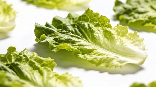 Fresh green romaine lettuce leaves arranged in a repeating pattern isolated on a white background, top view flat lay composition of healthy raw vegetables