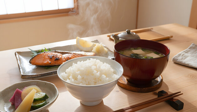 漆椀の味噌汁と鮭の塩焼きが揃った本格的な一汁三菜の和朝食