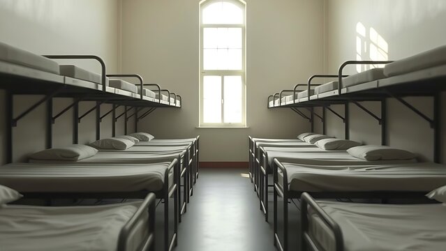 pudica. Military barracks with rows of empty beds in soft morning light. real-estate listings, architecture portfolios, designed for architectural facade and classical detail presentations.