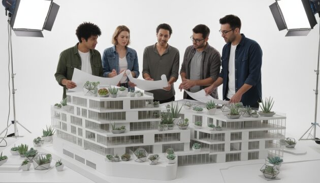 Architects collaborating on urban model diversity people concept with diversity community, planning