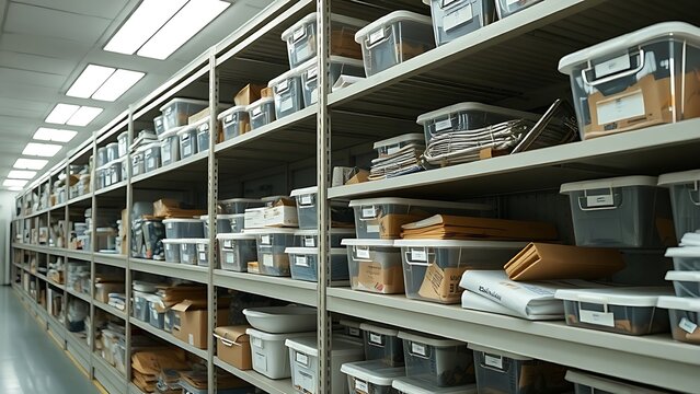 confiscated. Organized storage shelves with confiscated items in clear containers in an institutional setting. real-estate listings.