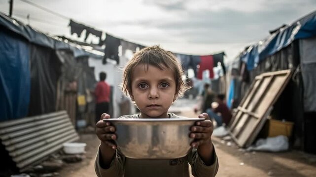 Refugee Child Holding an Empty Bowl in Desolate Camp
