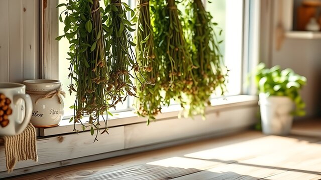 lovage. Rustic kitchen windowsill with bundles of drying lovage herbs on a wooden surface in soft afternoon light. menu design.