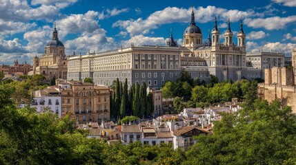 Obraz premium Panoramic Madrid cityscape with Royal Palace and Almudena Cathedral, historic architecture, green trees, blue sky, urban skyline and cultural landmark scenery in Spain