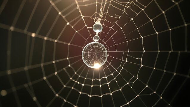 icosahedral. A dewdrop on a spiderweb refracting morning light in a macro view. wildlife magazines, conservation campaigns, designed for wildlife conservation campaigns and eco-tourism storytelling.