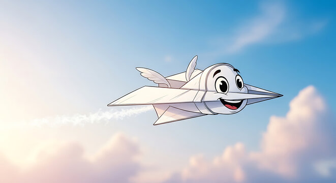 A cheerful map character flies through a sunny sky with clouds.