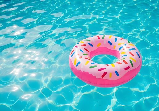 A vibrant pink donut shaped inflatable floats serenely on the surface of a sparkling blue swimming pool summer vibes