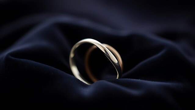 electroluminescence. Two silver wedding bands overlapping on dark velvet fabric. lifestyle magazines, social media lookbooks, designed for lifestyle magazines and social media content.