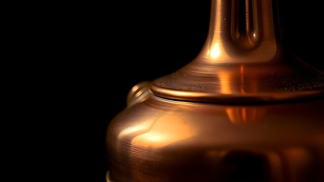 alembic. A single copper alembic still with polished curves under warm light. safety posters, maintenance manuals, designed for precision metalworking and fabrication facilities, clarifies operation.