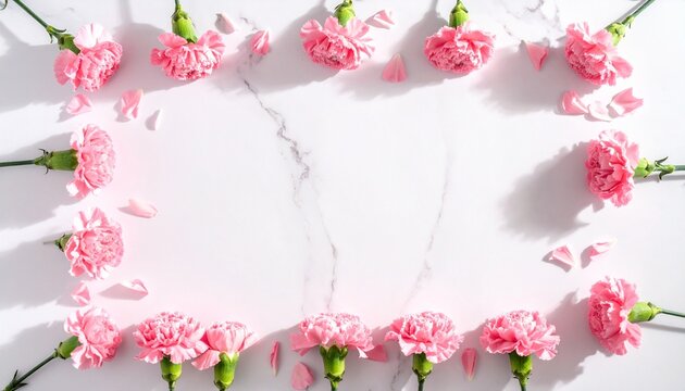 Beautiful pink carnation flowers framing a blank white space on a marble background, perfect for invitations and celebrations