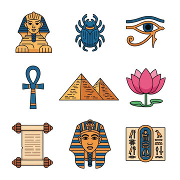 Collection of Egyptian Hieroglyphs and Symbols Including Sphinx, Scarab Beetle, Eye of Horus, Ankh, Pyramids, Lotus Flower, Scroll, Pharaoh, and Cartouche.