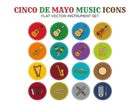 Cinco de Mayo Music Instruments with Guitar Trumpet Violin and Percussion Symbols