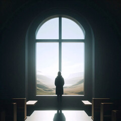 Fototapeta premium A cross-shaped window with a figure looking out, seen from inside, Ai generated image