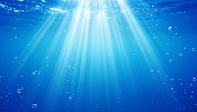 水面から差し込む光の筋と無数の気泡が輝く澄んだ水中の清涼感あふれる背景