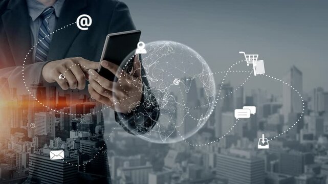Visualization of global digital communication and online across multiple platforms, including global network, digital network, communication network, and online network. Marrow