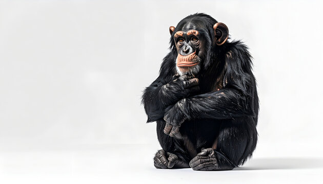 Chimpanzee sitting and thinking on white background