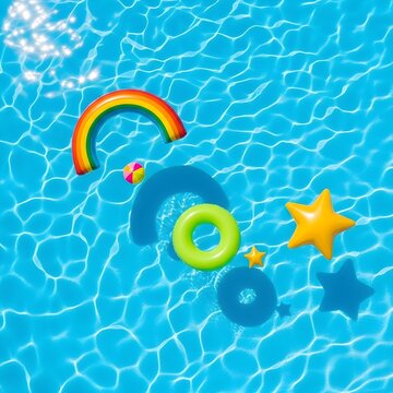 Colorful inflatable toys floating in a sparkling blue swimming pool on a sunny day