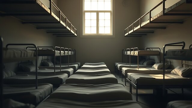 pudica. Military barracks with rows of empty beds in soft morning light. real-estate listings, architecture portfolios, designed for architectural facade and classical detail presentations.
