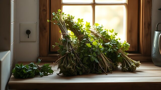 lovage. Rustic kitchen windowsill with bundles of drying lovage herbs on a wooden surface in soft afternoon light. menu design.