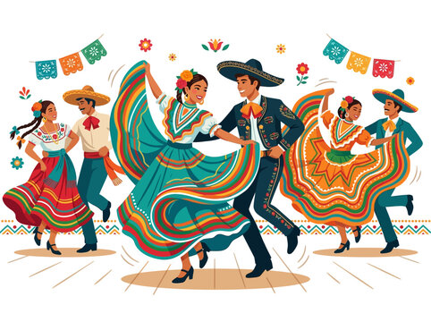 Mexican Folk Dancers in Traditional Dress for Cultural Fiesta Celebration