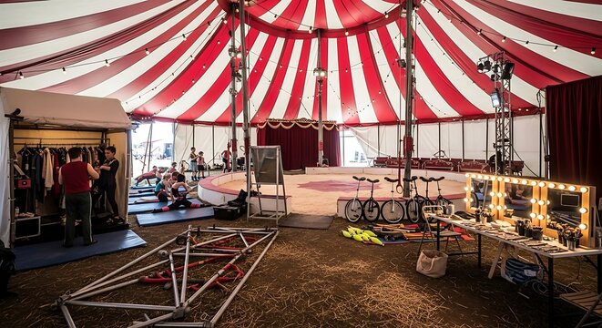 Circus tent interior with audience performance equipment and backstage area