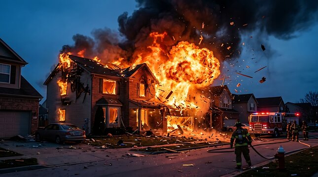 Dramatic explosion and massive inferno engulfs a residential home, with intense flames ripping through the structure as emergency services battle the devastating blaze at twilight