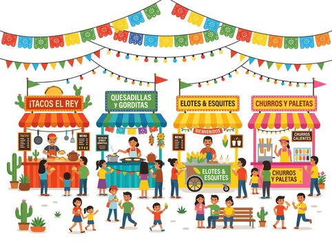 Mexican Street Food Market with Taco Quesadilla Elote Churro and Paleta Stalls